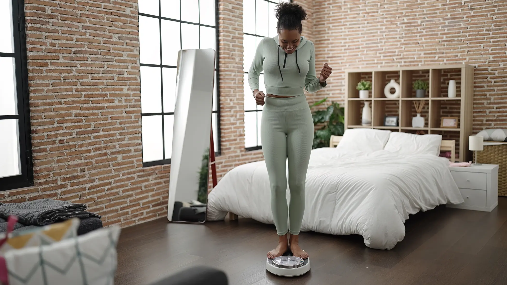 woman smiling confident measuring weight using weighing machine at bedroom